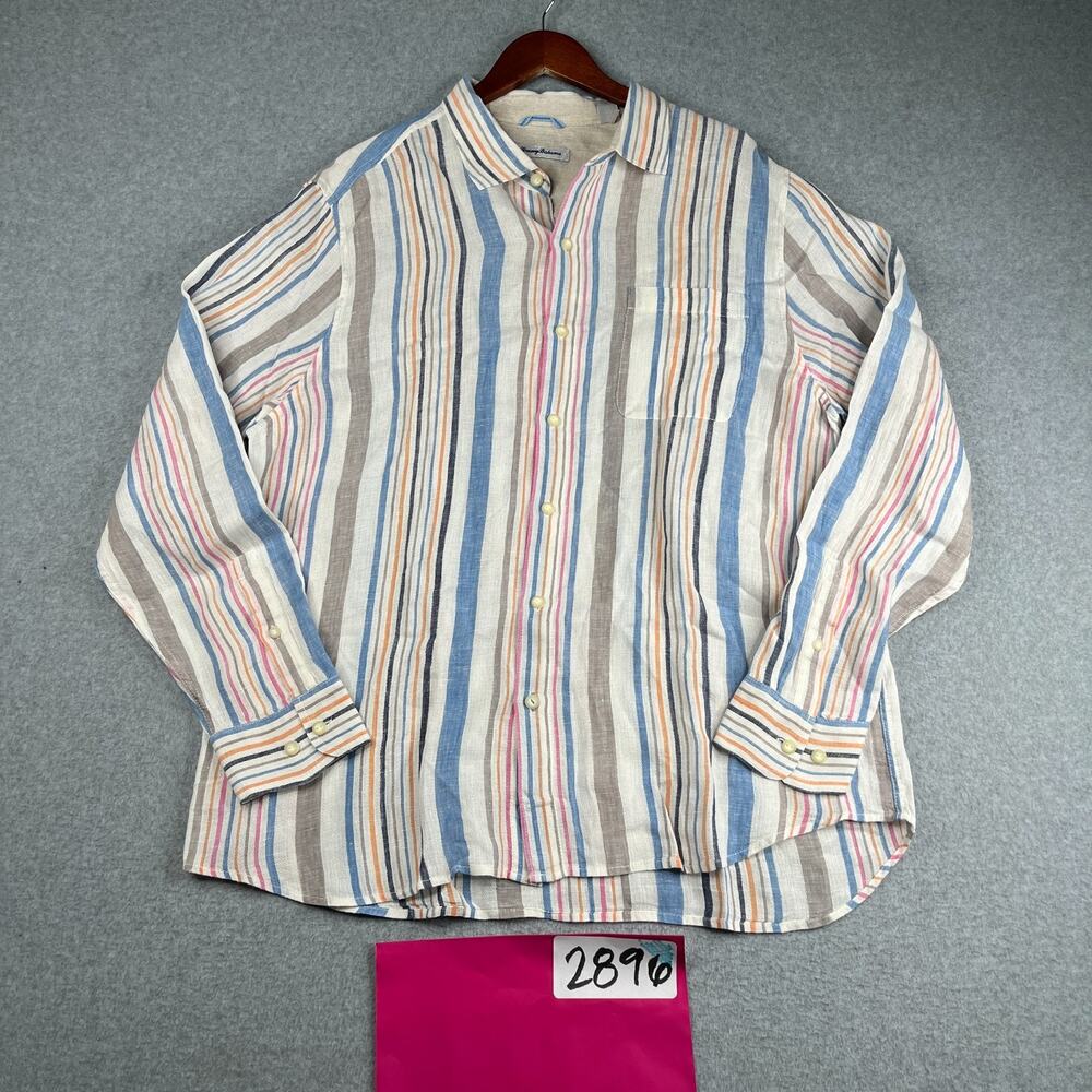 Tommy Bahama Linen Shirt XL Colorful Striped Beach Casual Button Up Long Sleeve